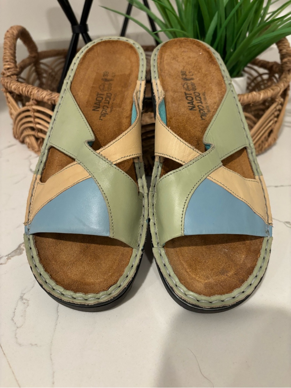 Naot Leather Slip On Sandals Light Blue Sage Tan Womens 38 Low Heel Base Summer